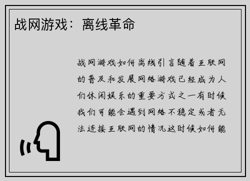 战网游戏：离线革命